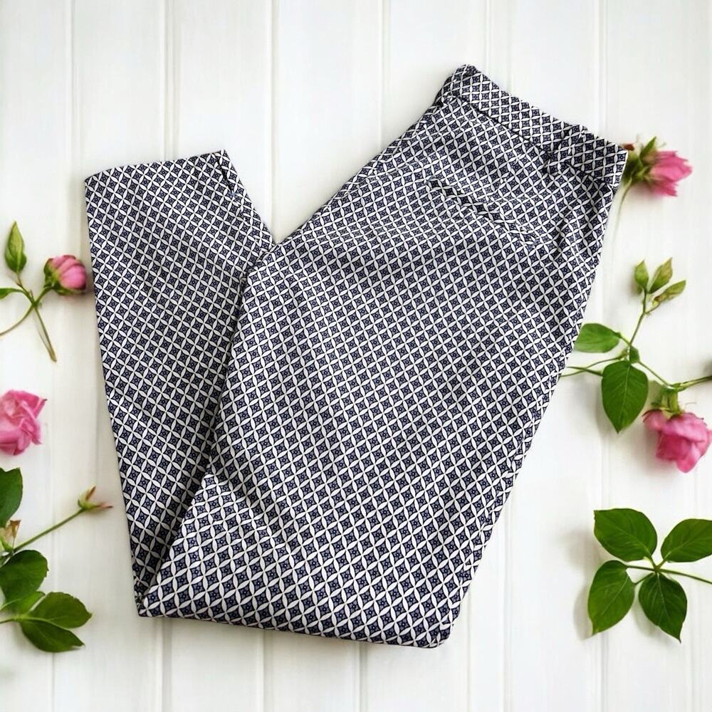 Women's H&M Pants Sz 4 Blue White Geometric Office Career Wear Ankle Length - Picture 2 of 8